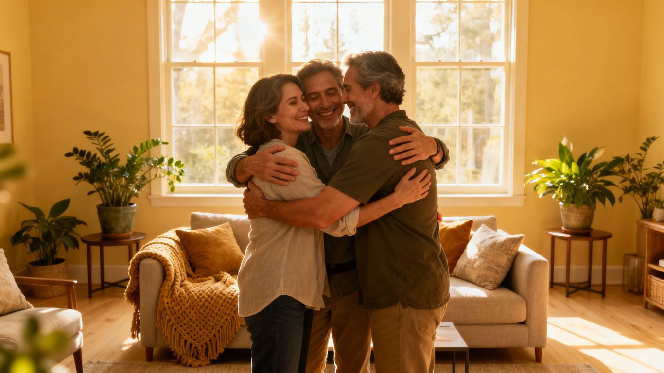 Three adults embracing in a cozy, sunlit living room.