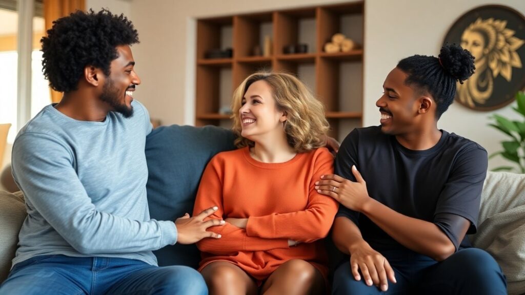 Three adults in a comfortable setting, showing connection.