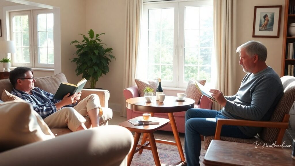 Three adults in a cozy home, balancing togetherness and personal space.