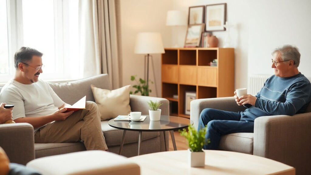 Three adults in a cozy home, enjoying personal activities together.