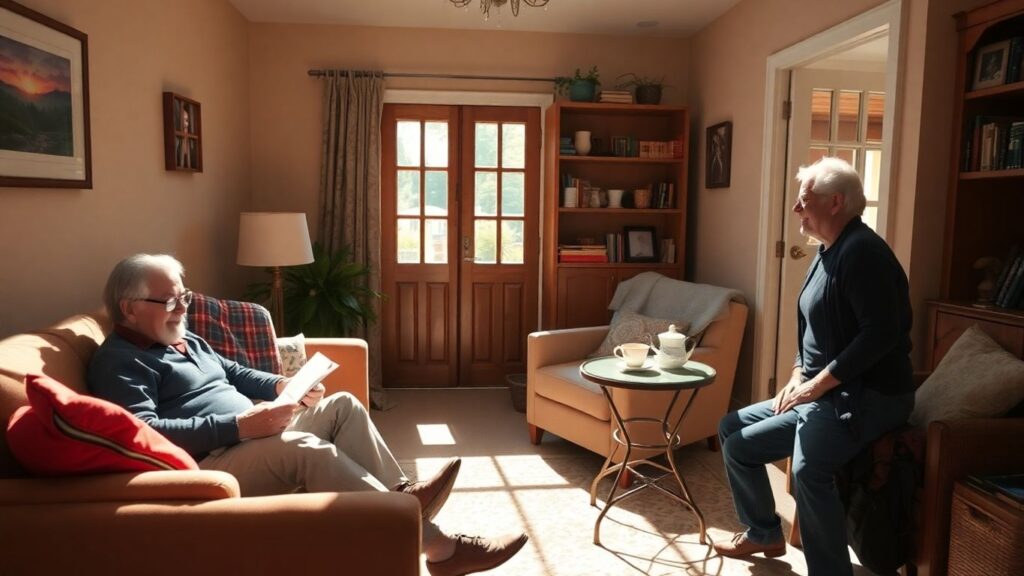 Three adults in a cozy living room.