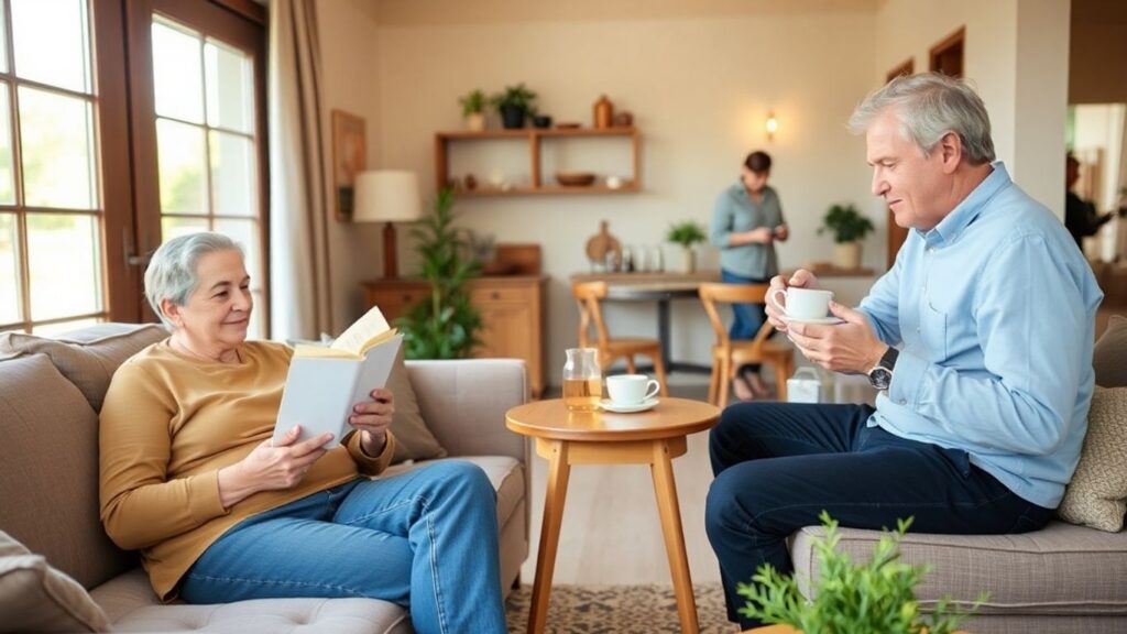 Three adults in a cozy living room.