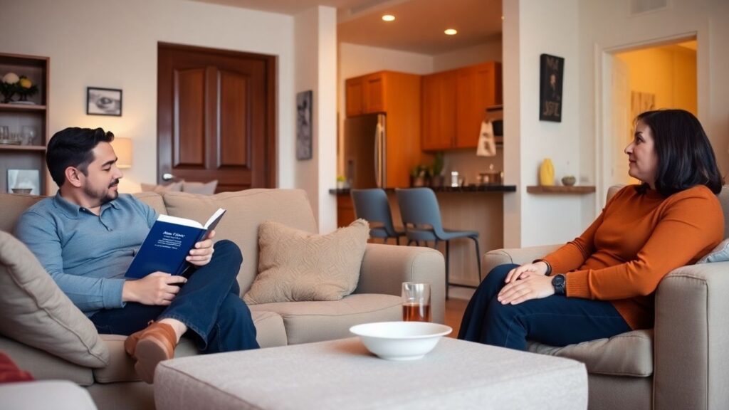 Three adults in a cozy living room, interacting harmoniously.