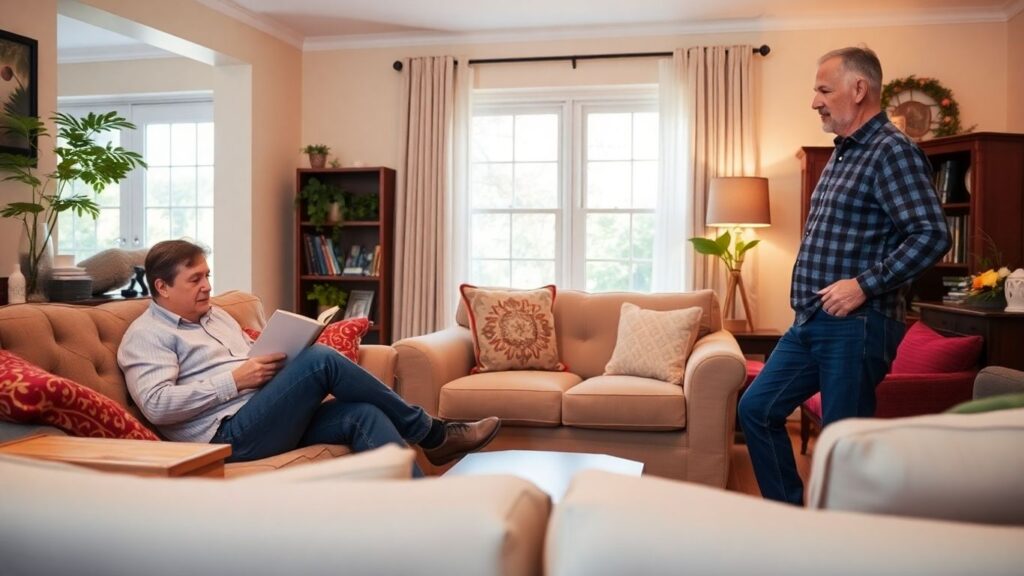Three adults in a cozy living room, interacting harmoniously.