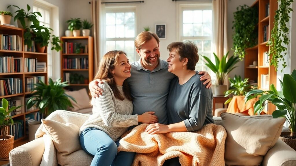 Three adults in a cozy living room sharing affection.