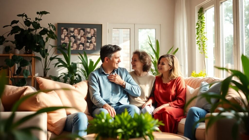 Three adults in a cozy living room sharing affection.