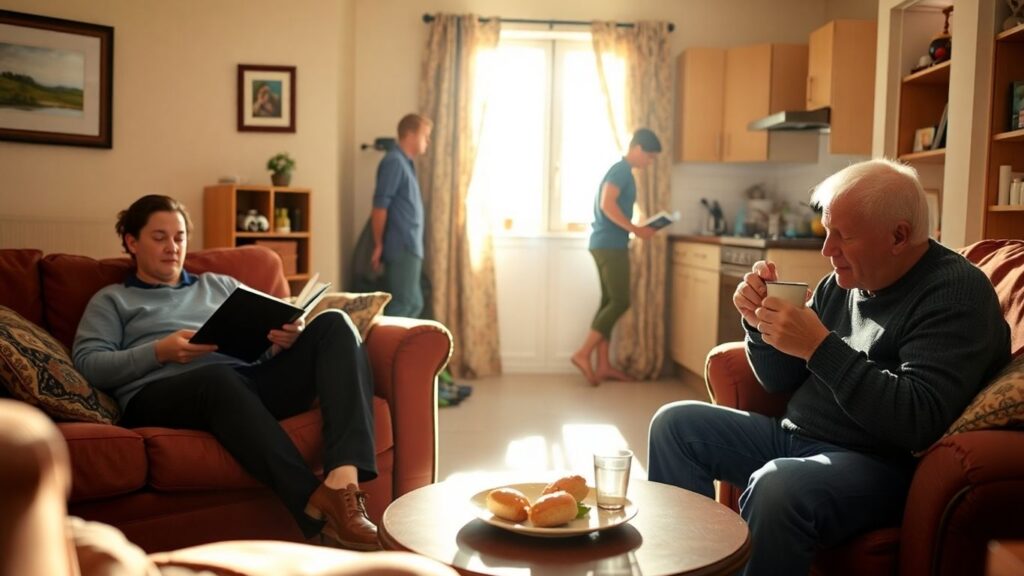Three adults in a cozy living room, sharing domestic life.