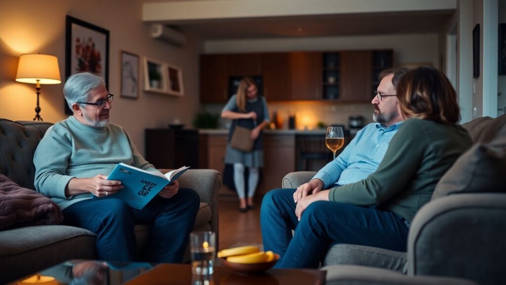 Three adults in a cozy living room, sharing time.