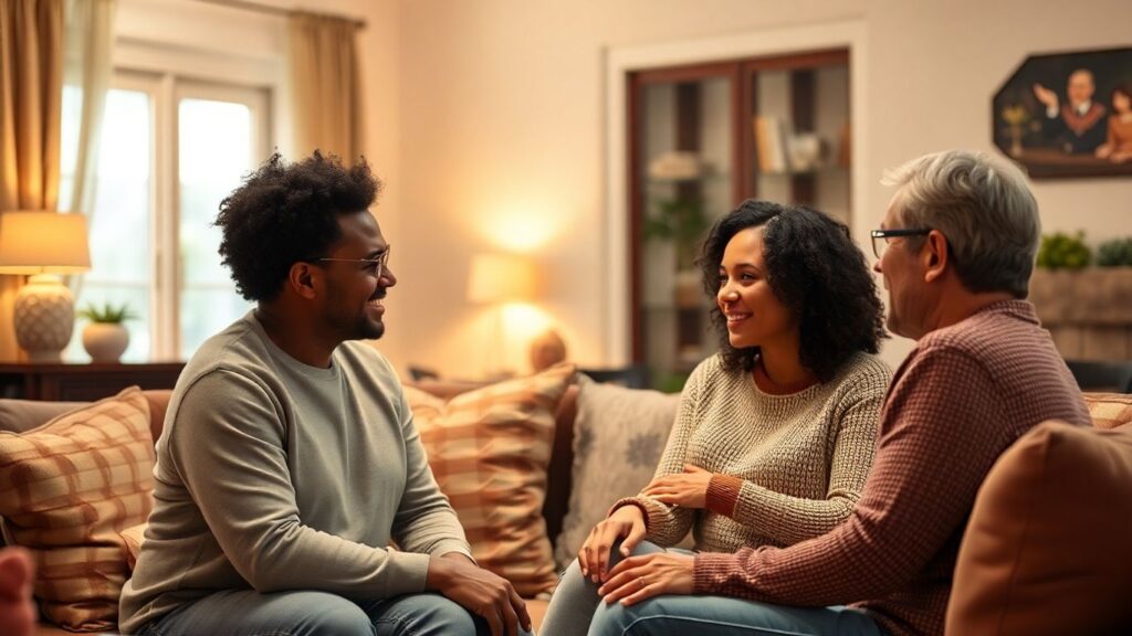 Three adults in a cozy room discussing polyamory.