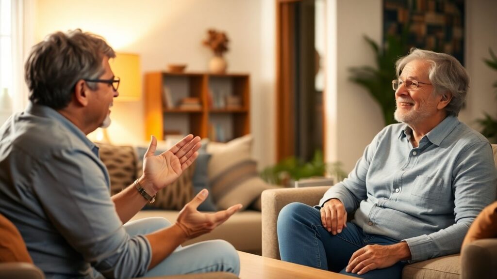 Three adults in a living room communicating openly.