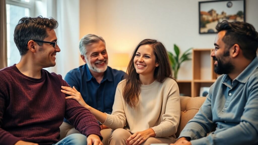 Three adults in a living room, communicating openly and comfortably.