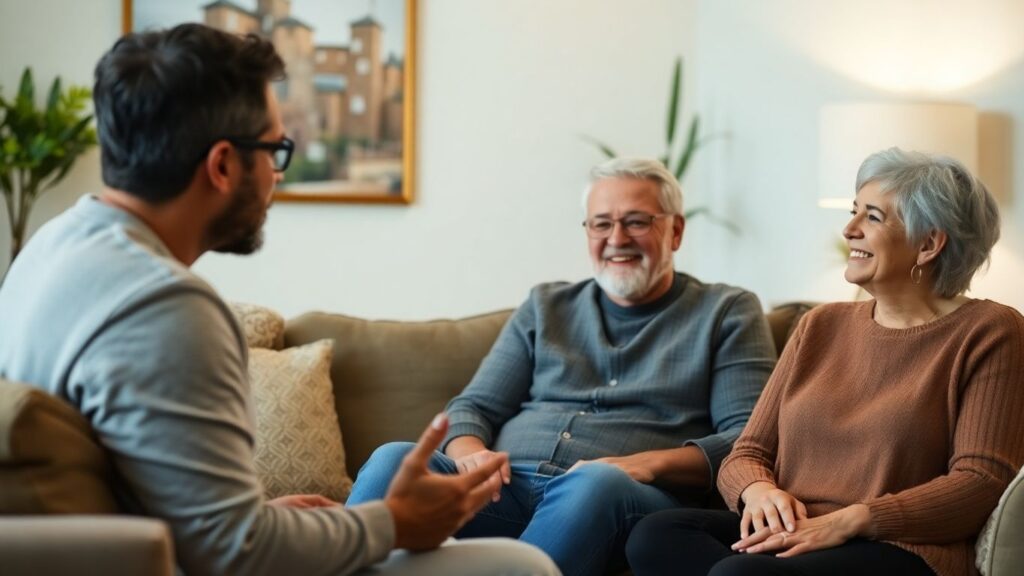 Three adults in a living room discussing agreements.