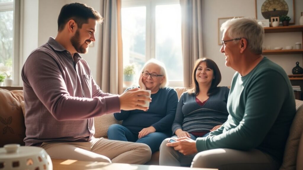 Three adults in a living room, sharing a moment.