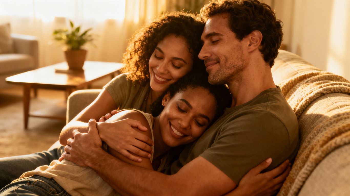 Three adults in a loving, consensual embrace.