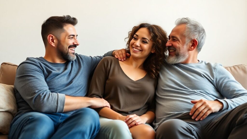 Three adults in a polyamorous relationship sharing a moment.