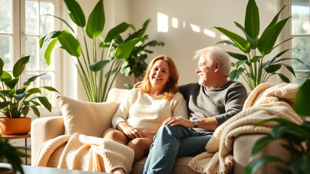 Three adults sharing a sofa in a cozy living room.