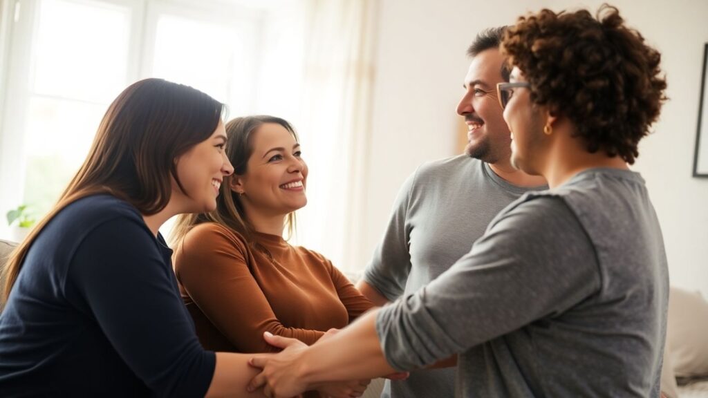 Three adults sharing an intimate, affectionate moment.