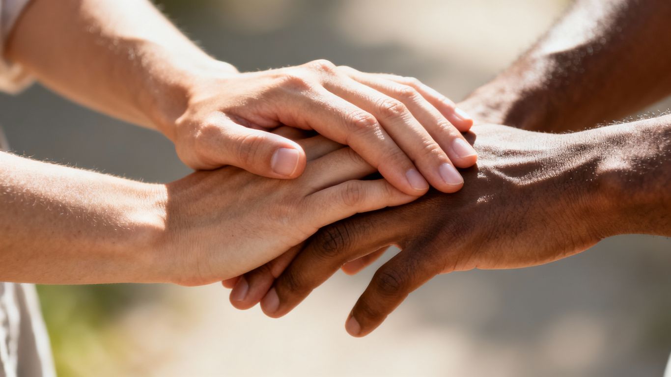 Three diverse hands interlocking in a gesture of unity.