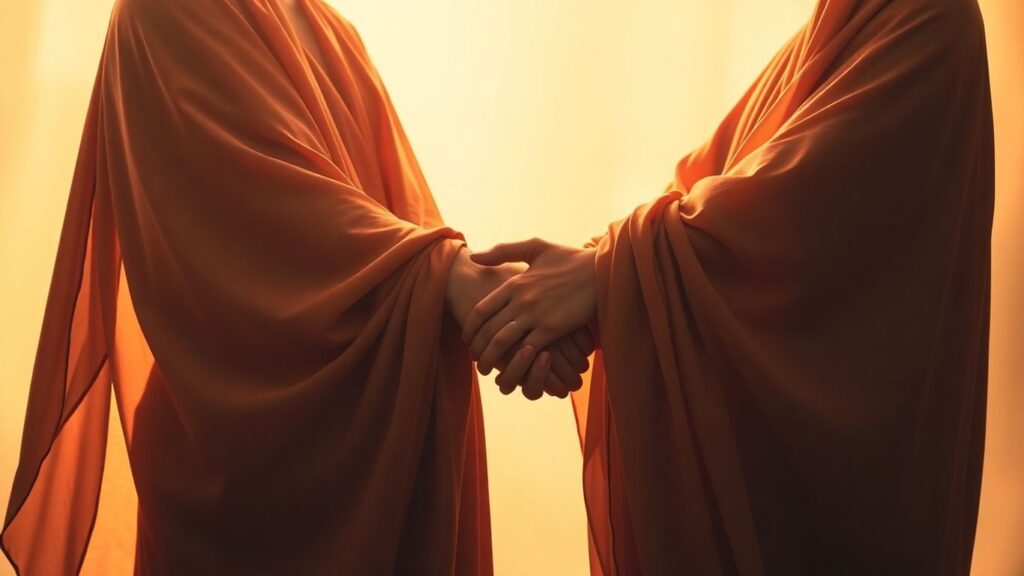Three people connected, hands touching, warm light, flowing fabrics.
