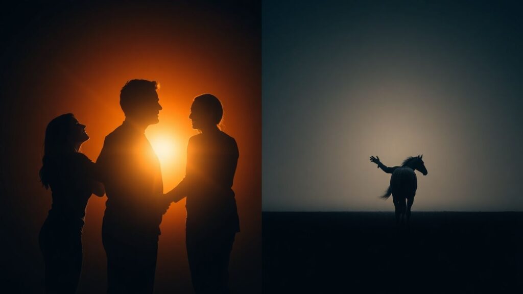 Three people connected versus one person reaching for a unicorn.