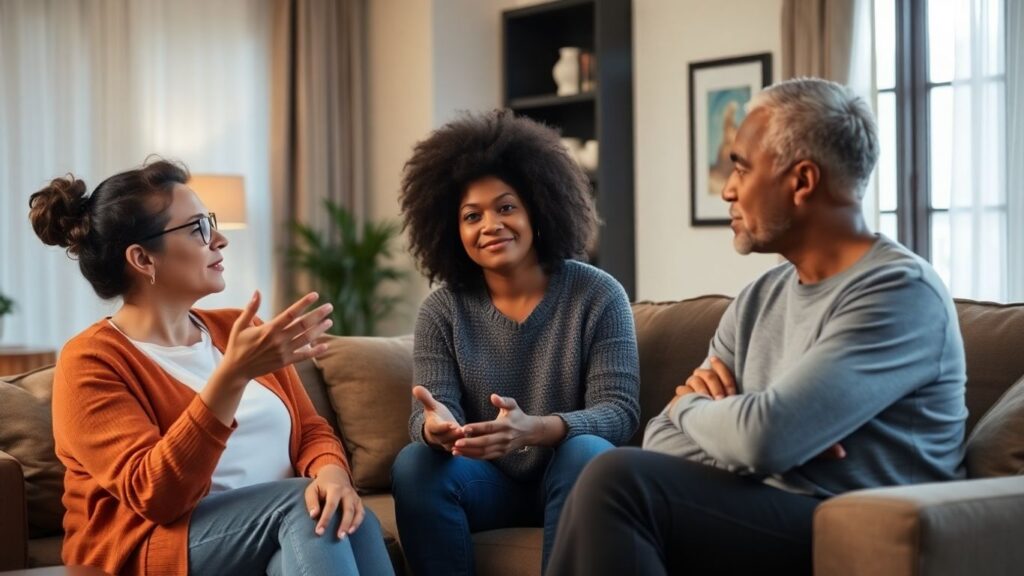 Three people discussing boundaries in a polyamorous relationship.