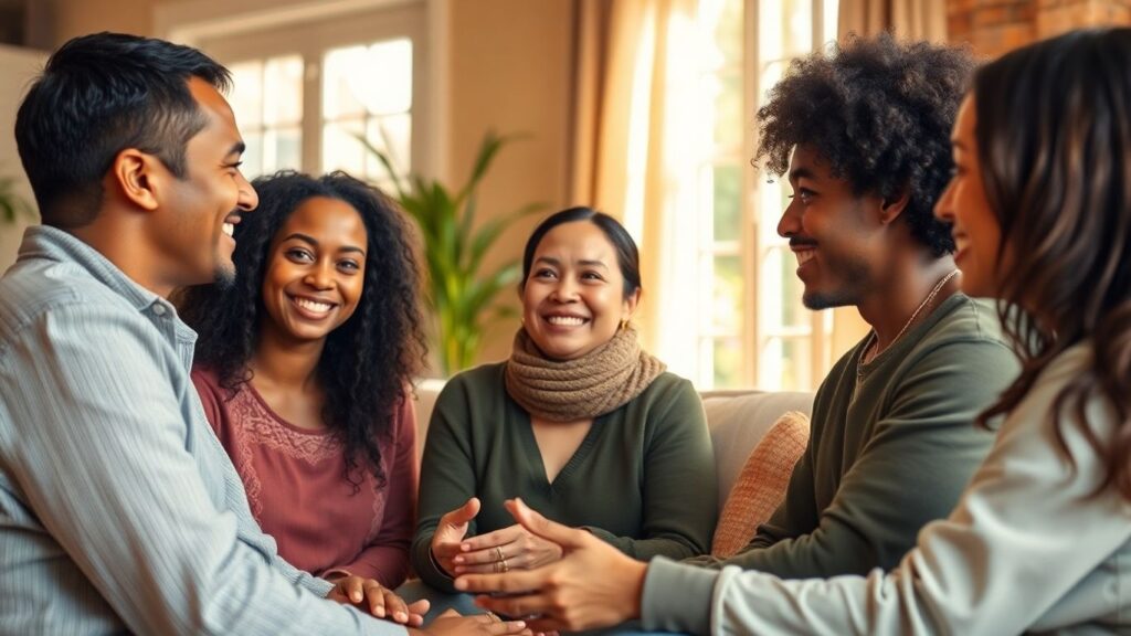 Three people discussing ethics in a comfortable setting.