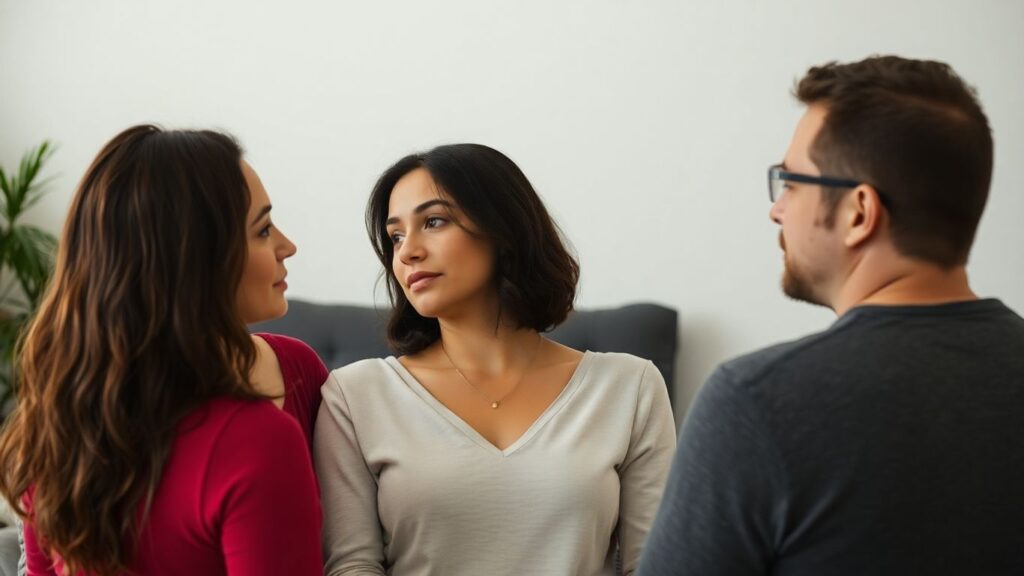 Three people discussing relationships and boundaries.