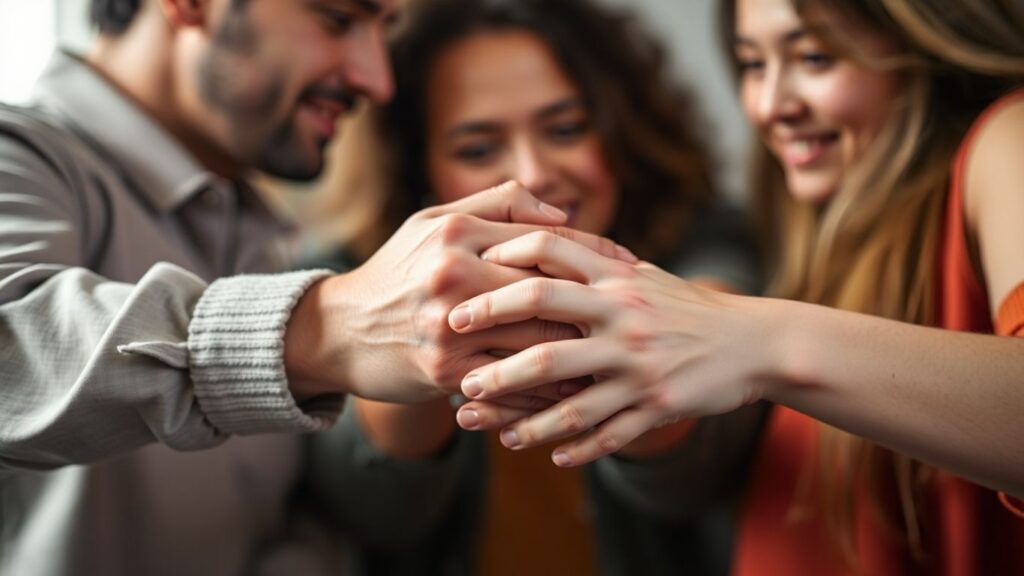 Three people holding hands intimately
