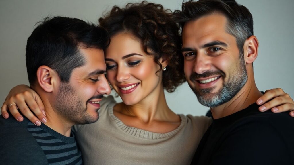 Three people in a close, comfortable embrace.