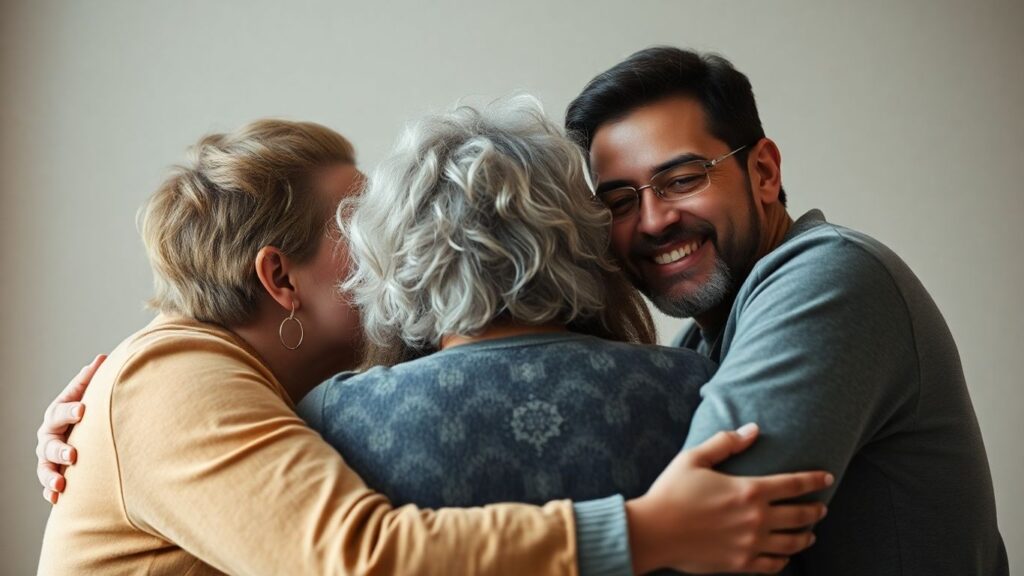 Three people in a close, understanding embrace.