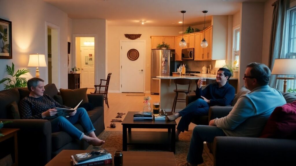 Three people in a cozy living room.