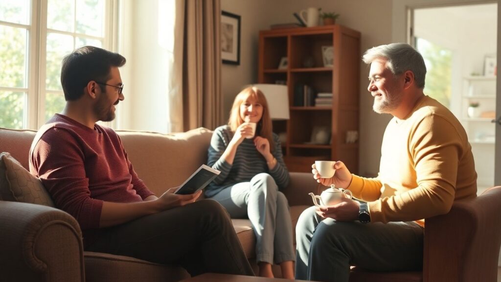 Three people in a cozy living room.