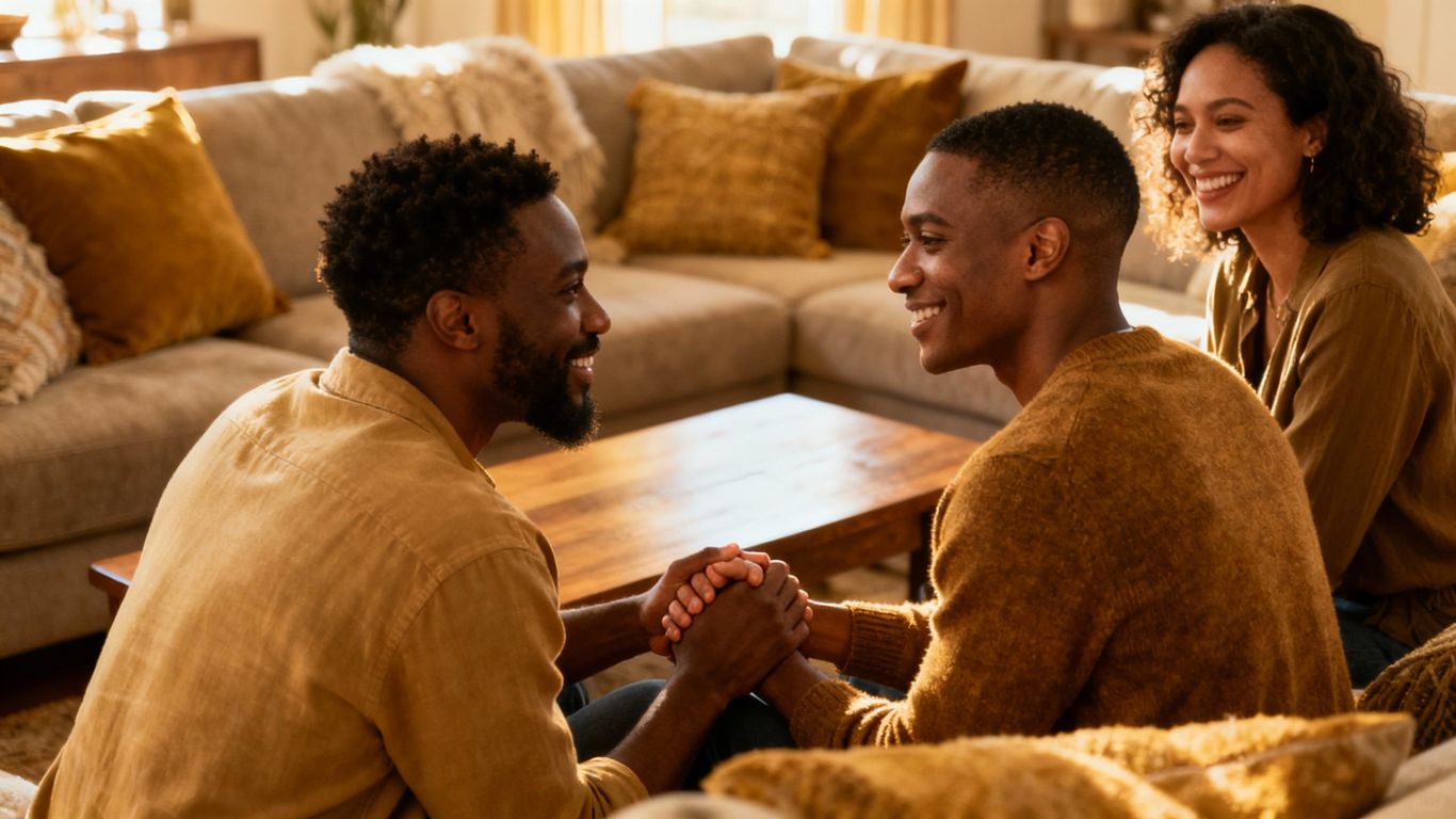 Three people in a loving, comfortable relationship.