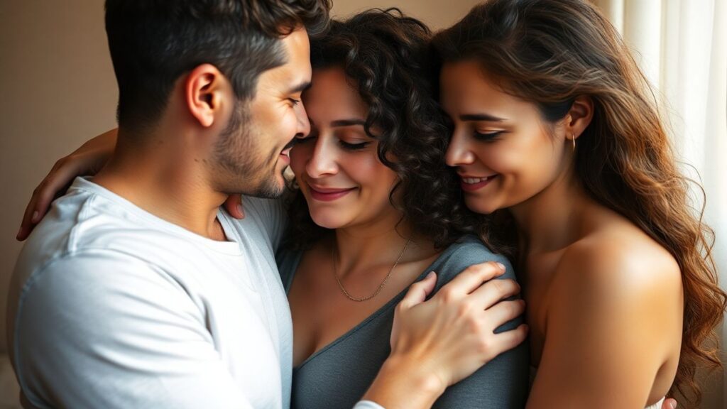 Three people in a loving embrace