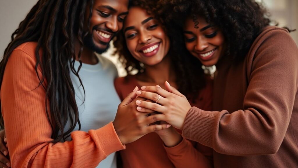 Three people in a loving embrace, symbolizing polyamory.