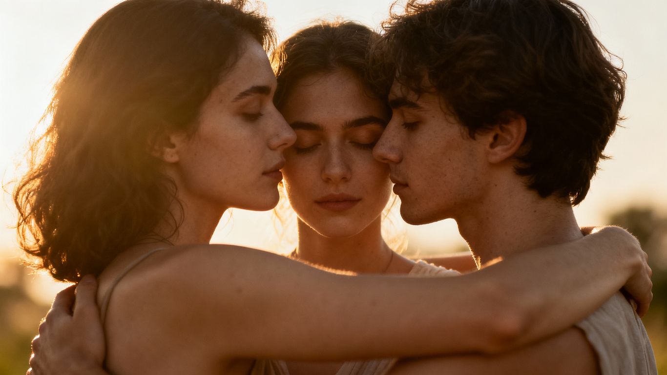 Three people in a loving embrace