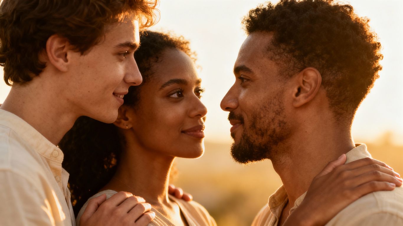Three people in a loving polyamorous relationship embrace.