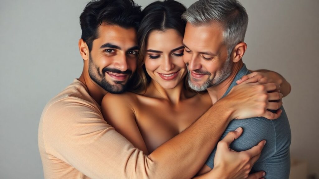 Three people in a polyamorous embrace.