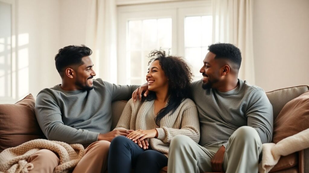 Three people in a polyamorous relationship sharing a tender moment.
