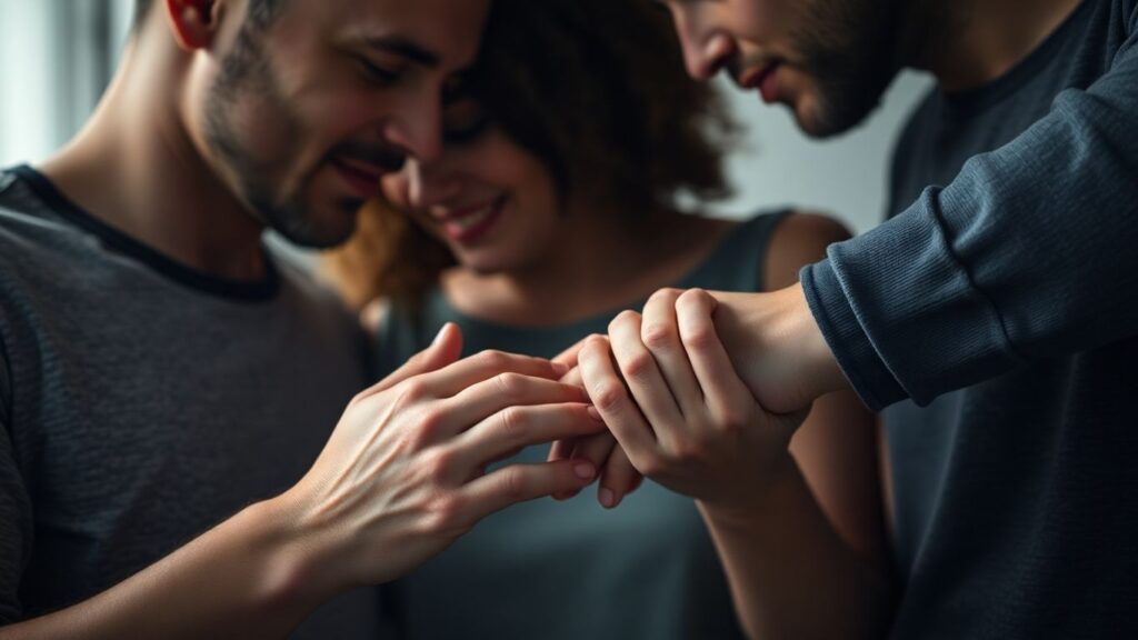 Three people in a polyamorous relationship showing affection.