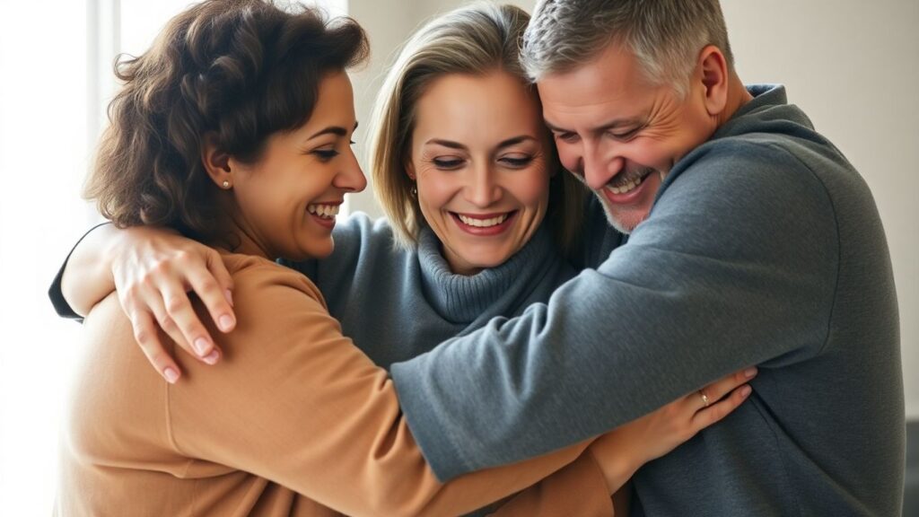 Three people in a supportive, connected embrace.