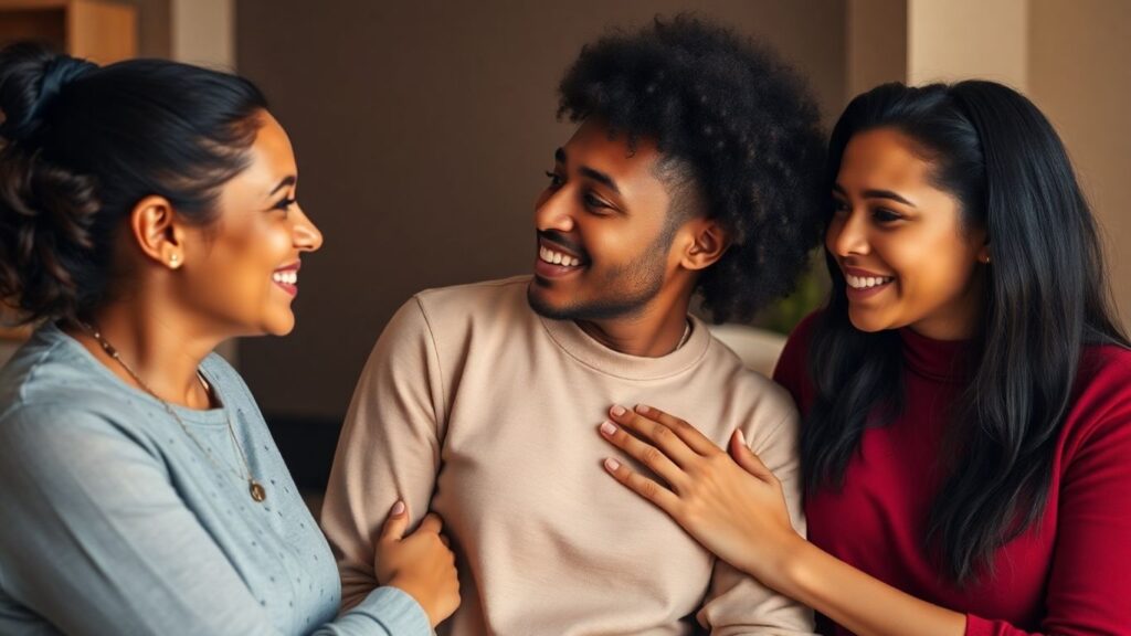 Three people in a warm, intimate setting, showing connection.