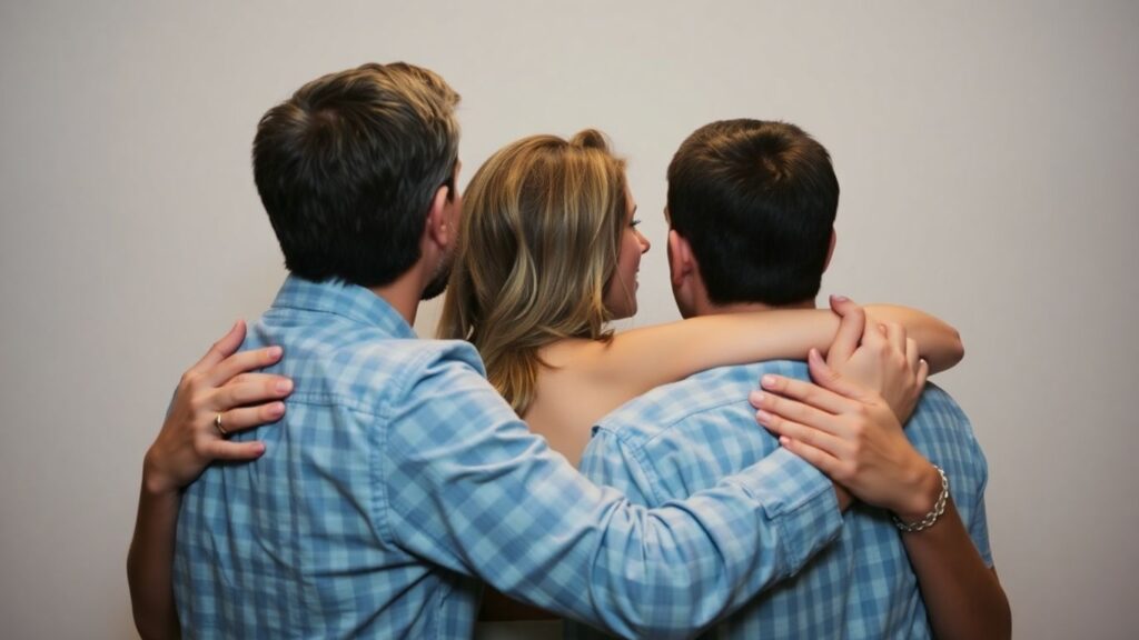 Three people in an affectionate polyamorous embrace.