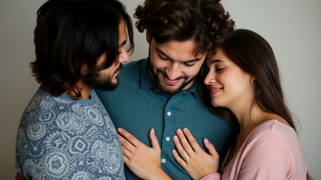 Three people in an intimate, affectionate polyamorous relationship.