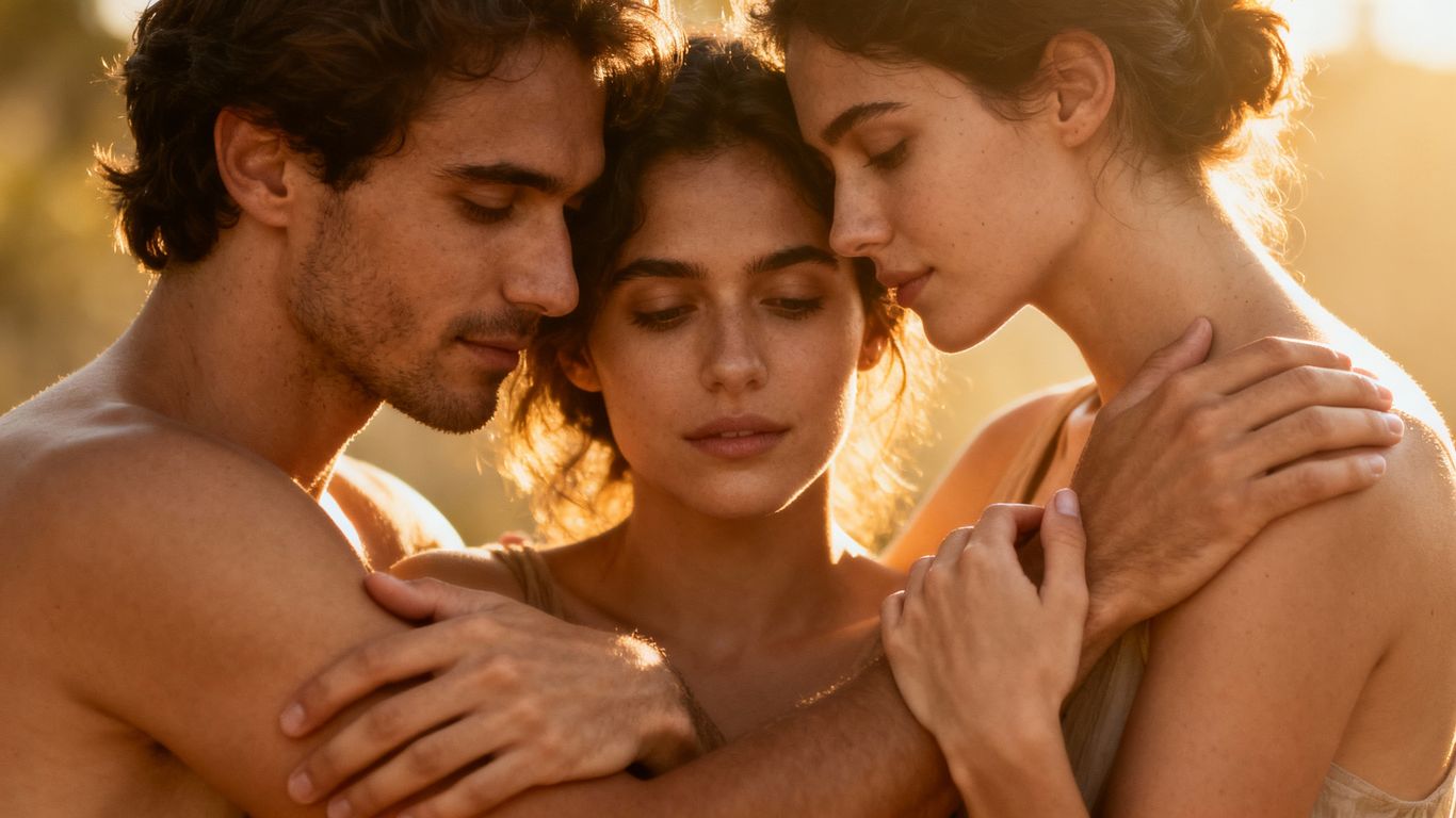 Three people in an intimate embrace, conveying connection.