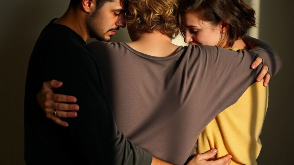 Three people in an intimate embrace, soft lighting.