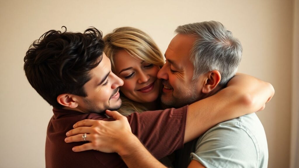 Three people in an intimate embrace, two men and one woman.