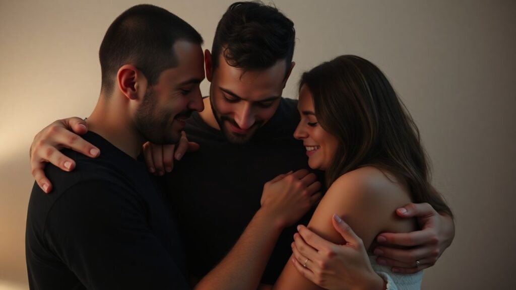 Three people in an intimate embrace, two men and one woman.