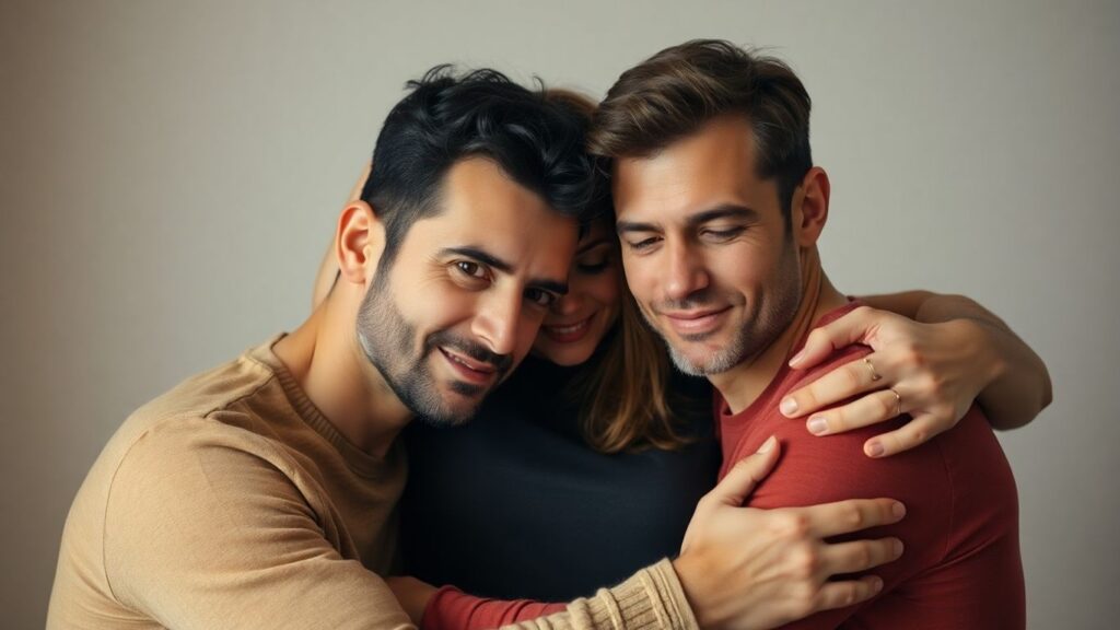 Three people in an intimate embrace, two men and one woman.