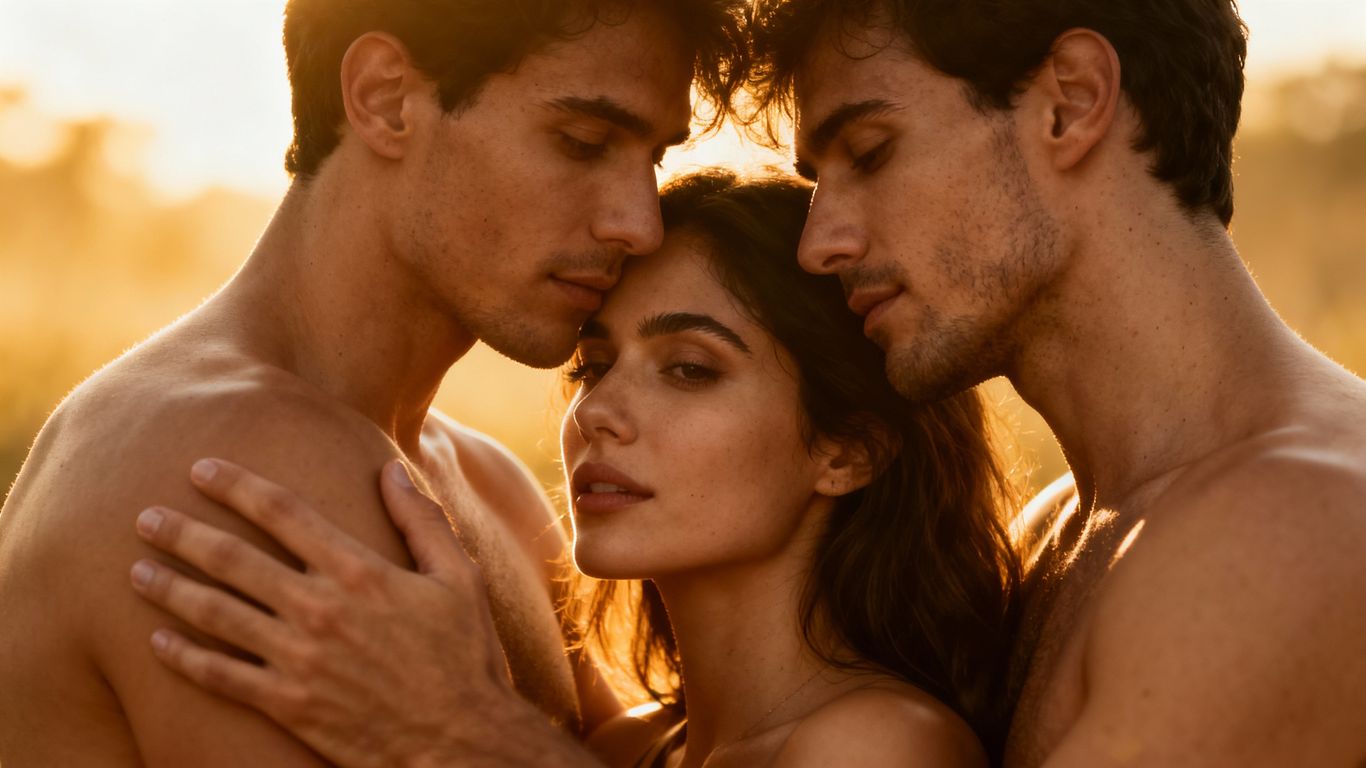 Three people in an intimate polyamorous embrace.